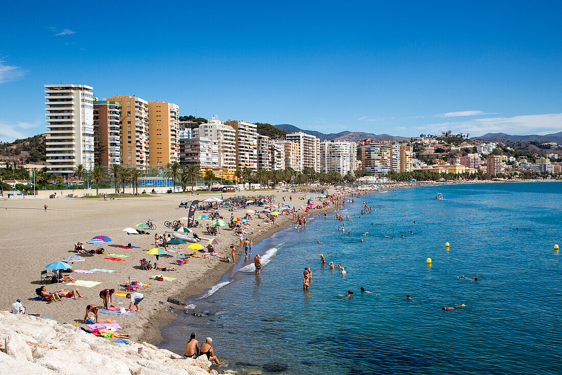 Playa de la Malagueta beach with high-rise apartment buildings, Malaga, Costa del Sol, Andalusia, Spain