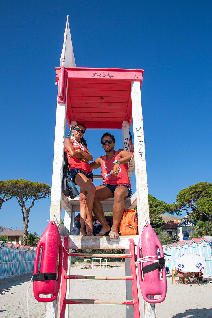 Salvataggio rescue watch tower at Mondello beach, Mondello, near Palermo, Sicily, Italy