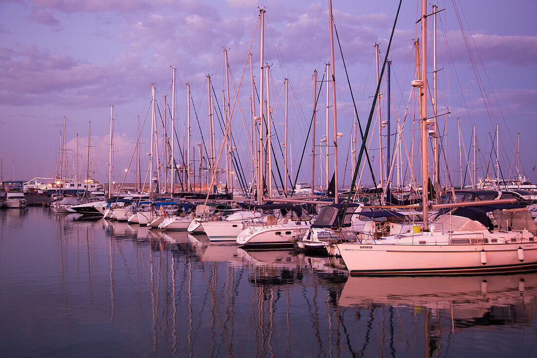 Sailboats at Larnaca marina at dusk, Larnaca, Larnaca, Cyprus