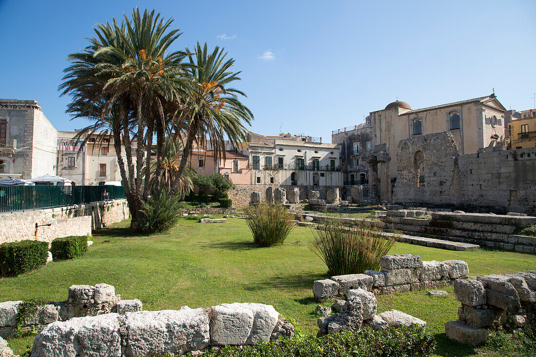 Ruins of The Temple of Apollo in Old Town city center, Syracuse, Sicily, Italy