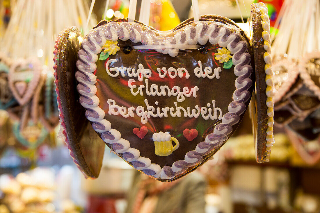Gingerbread hearts for sale at sweets stall at Erlanger Bergkirchweih beer festival and fair, Erlangen, Franconia, Bavaria, Germany