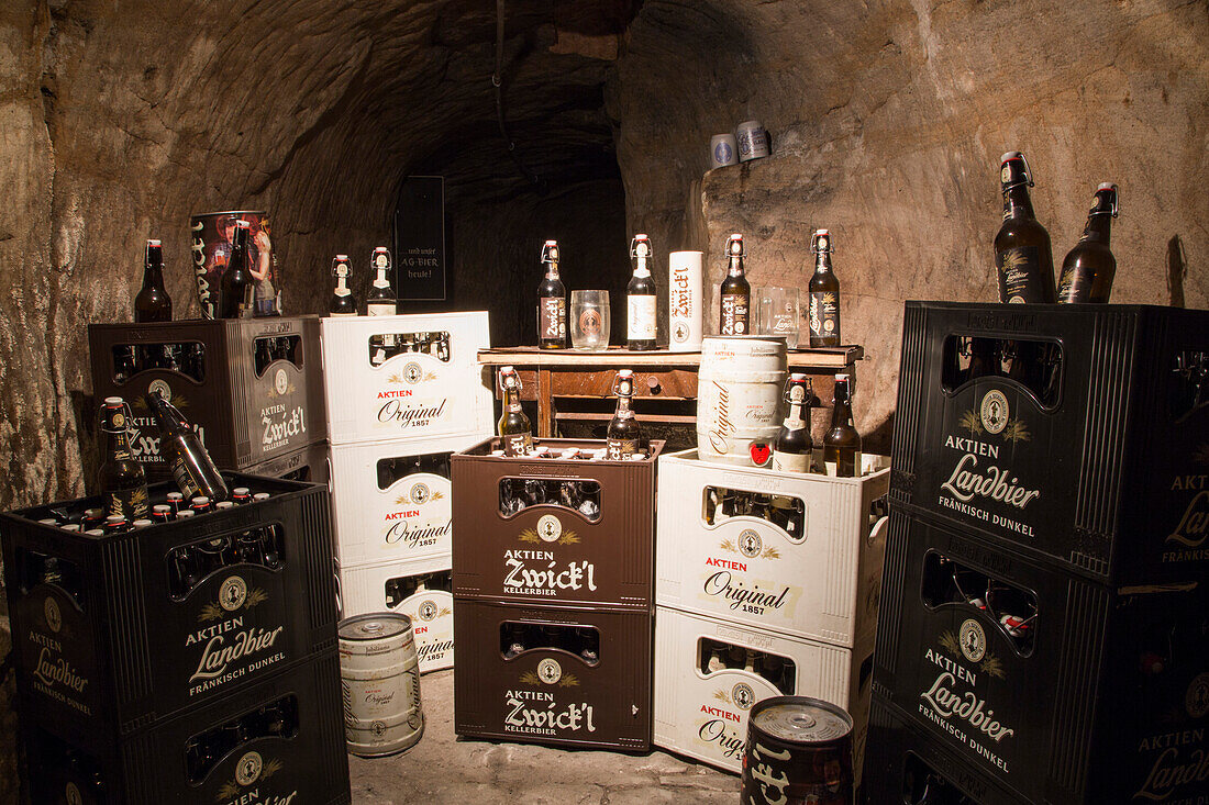 Bayreuther Bierbrauerei AG beer products on display in Katakomben catacomb tunnel system, Bayreuth, Franconia, Bavaria, Germany