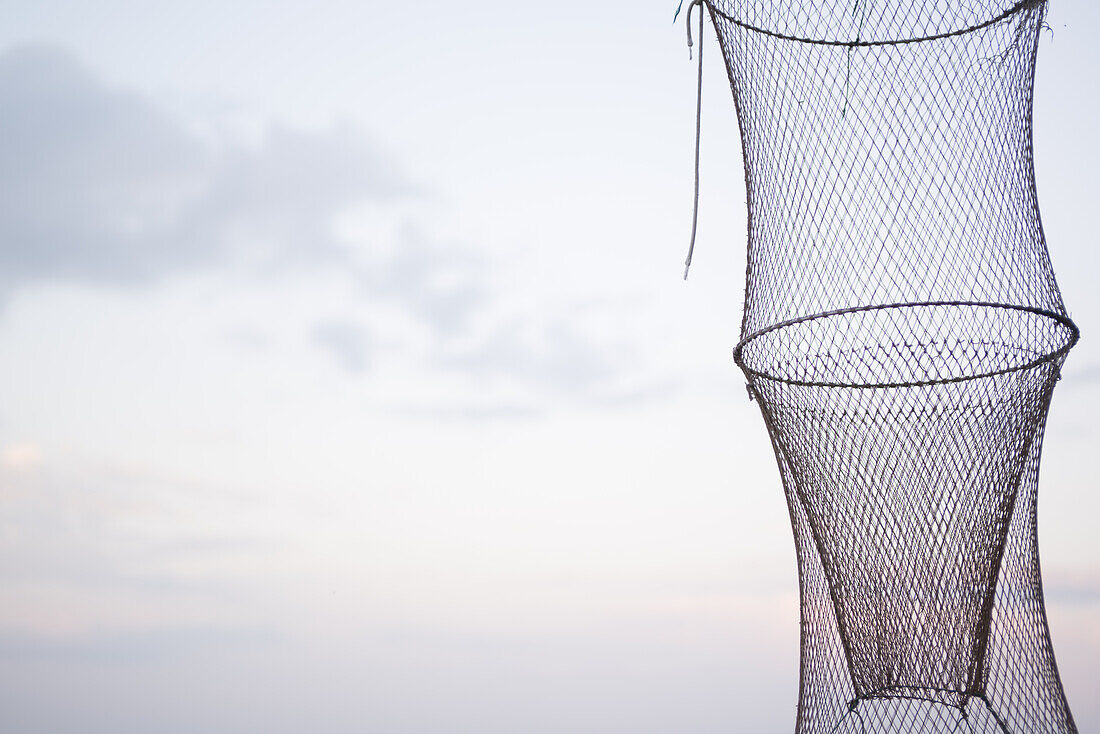 Fish trap in the evening mood in Dierhagener harbour in Western Pomerania Lagoon Area National Park, Dierhagen, Fischland-Darss-Zingst, Mecklenburg-Western Pomerania, Germany