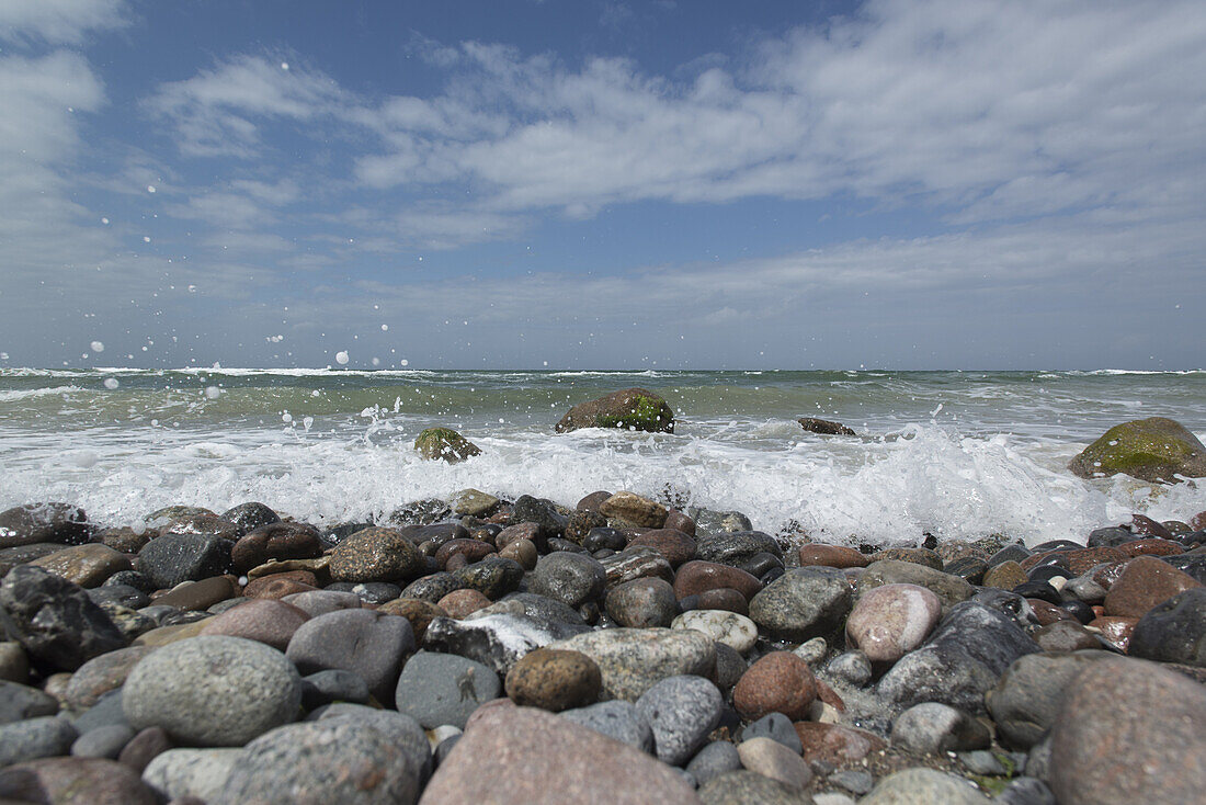 Round polished pebbles on the Baltic Sea beach in the Western Pomerania Lagoon Area National Park, Ahrenshoop, Fischland-Darss-Zingst, Mecklenburg-Western Pomerania, Germany