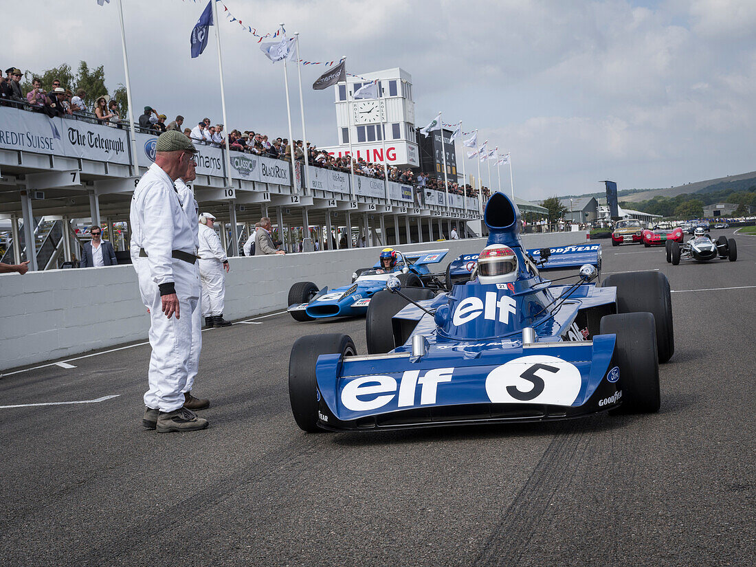 Sir Jackie Stewart, in his Tyrell 006 in which he won the 1973 world championship, Goodwood Revival 2014, Racing Sport, Classic Car, Goodwood, Chichester, Sussex, England, Great Britain