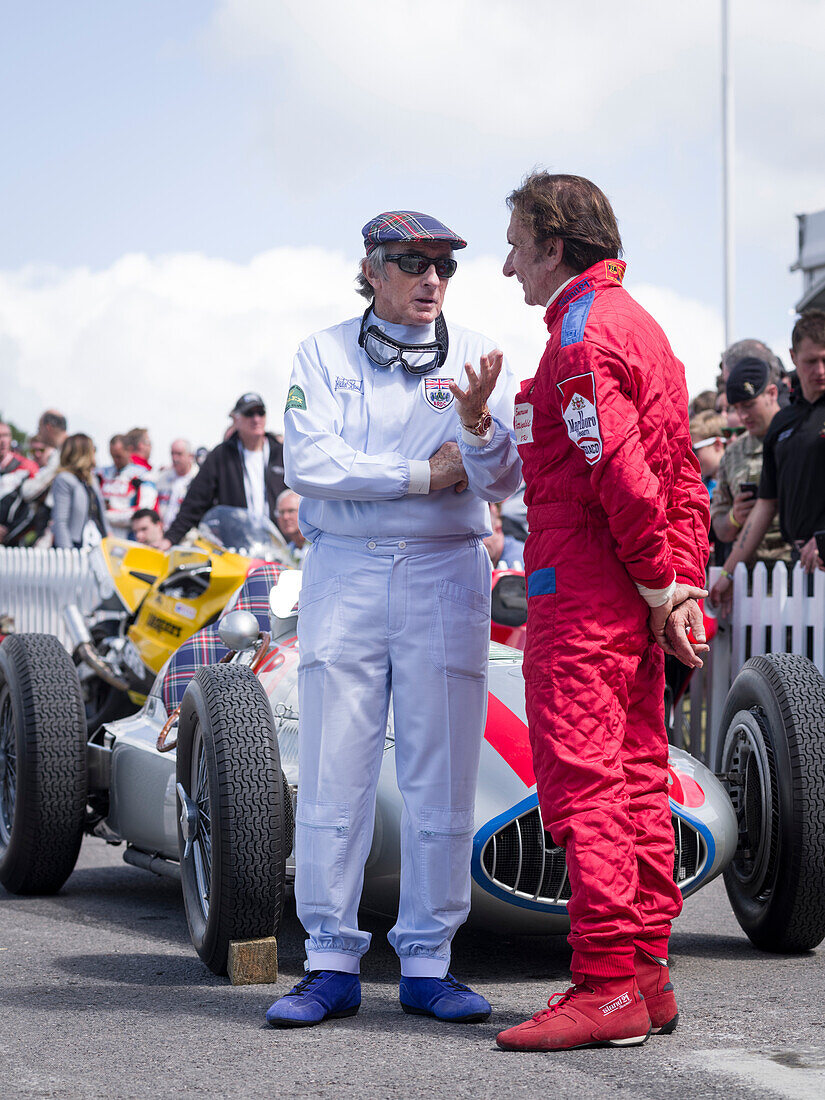 Sir Jackie Stewart (L) talking with Emerson Fittipaldi (R), Goodwood Festival of Speed 2014, racing, car racing, classic car, Chichester, Sussex, United Kingdom, Great Britain