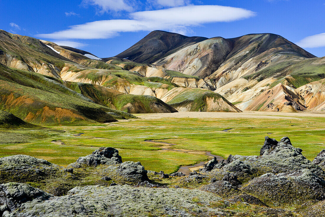 River course surrounded by colorful mountains and lava fields, Landmannalaugar, Highlands, Southern Island, Iceland, Europe