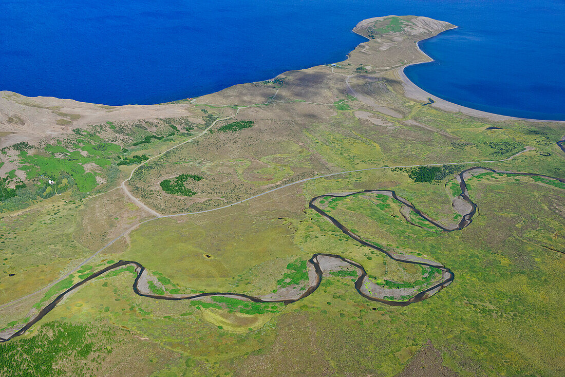 Aerial view of river course, wood and peninsula in Thingvallavatn lake, National Park Thingvellir, UNESCO world heritage, Golden Circle, Southern Iceland, Iceland, Europe