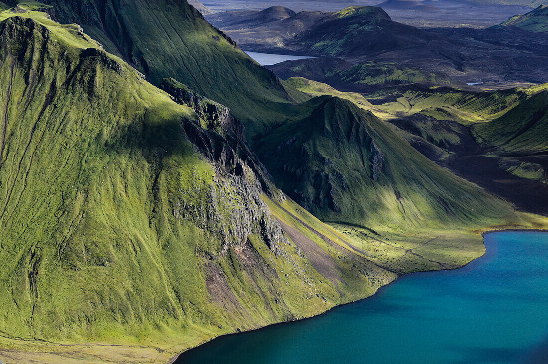 aerial view of crater lake lödmundarvatn surrounded by mountains near Landmannahellir, Fjallabak, Highlands, Southern Iceland, Iceland, Europe