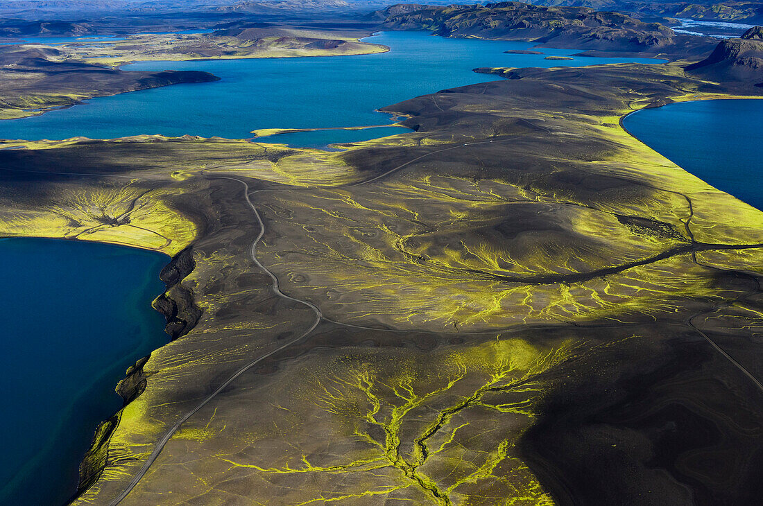 Aerial view of a lake landscape, among them Snjoölduvatn, and a track, Veidivotn, Highlands, South Iceland, Iceland, Europe