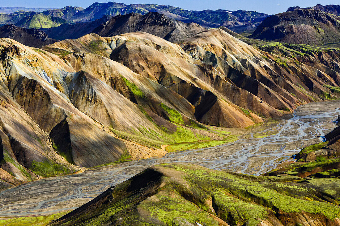 Aerial view of a river valley with meanders of  glacial river Tungnaa and colorful rhyolith mountains, Landmannalaugar, Highlands, South Iceland, Iceland, Europe