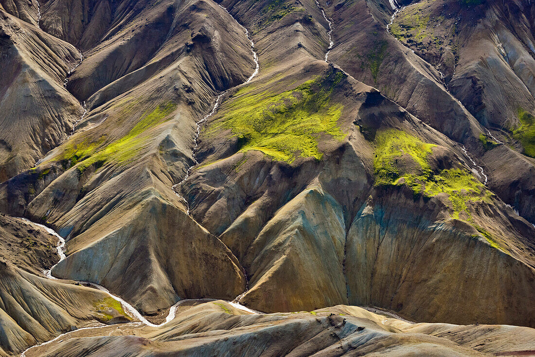 Aerial view of a river course and colorful rhyolith mountains, geothermal area of Landmannalaugar, Laugarvegur, Highlands, South Iceland, Iceland, Europe