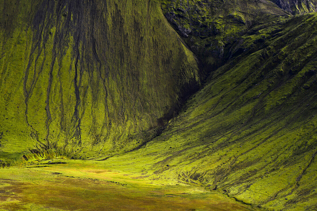 Aerial view of green mountains, Fjallabak, Highlands, South Iceland, Iceland, Europe