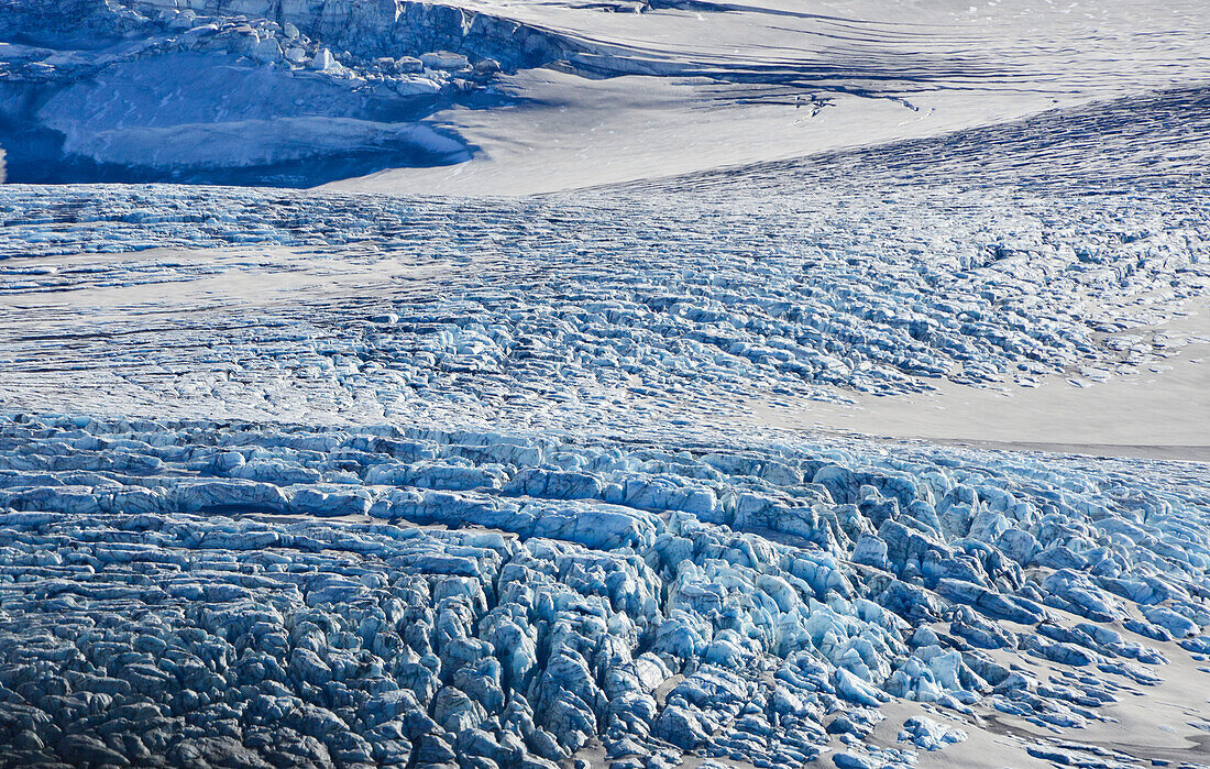 Aerial view of icebergs  and crevasses at glaciated volcano Katla, glacier Myrdalsjokull, Highlands, South Iceland, Iceland, Europe