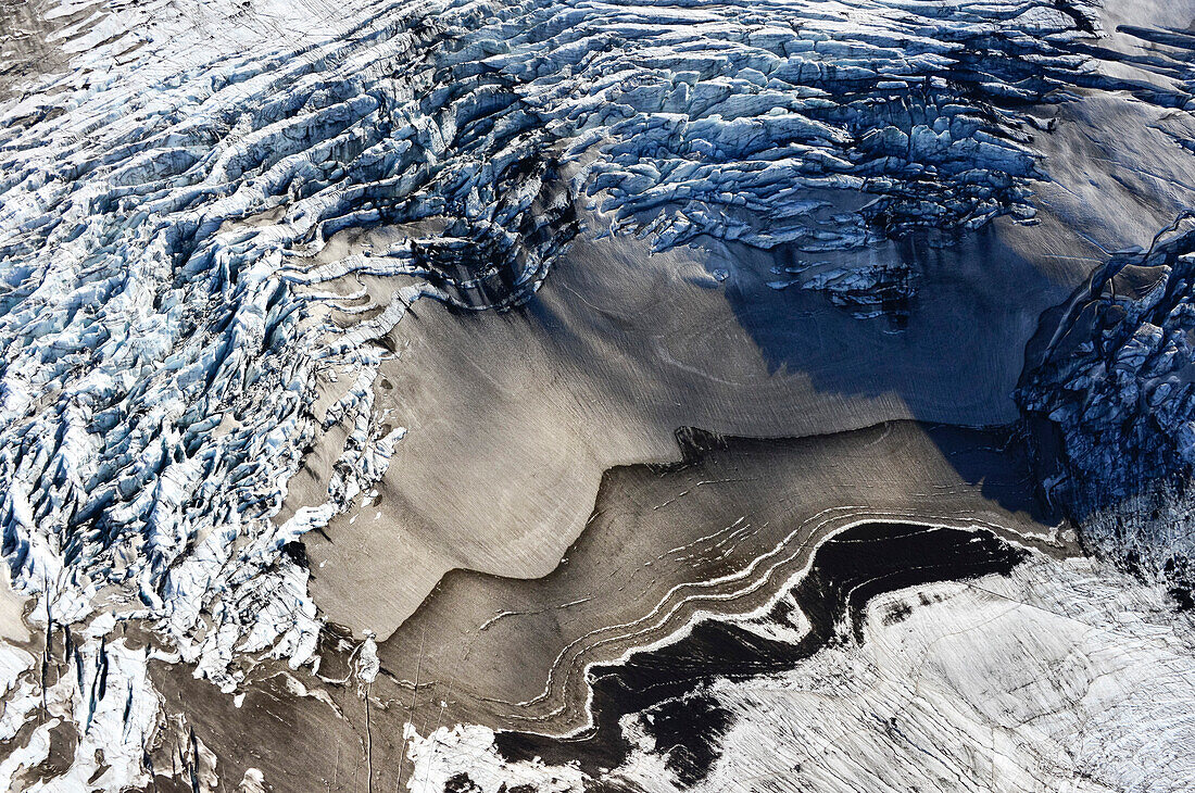 Aerial view of ice patterns  and crevasses at glaciated volcano Katla, glacier Myrdalsjokull, Highlands, South Iceland, Iceland, Europe