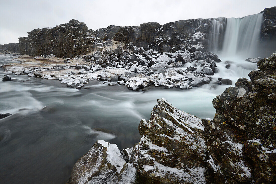Waterfall Oxarafoss in winter, Oxara river, National Park Thingvellir, UNESCO world heritage, Golden Circle, Southern Iceland, Iceland, Europe