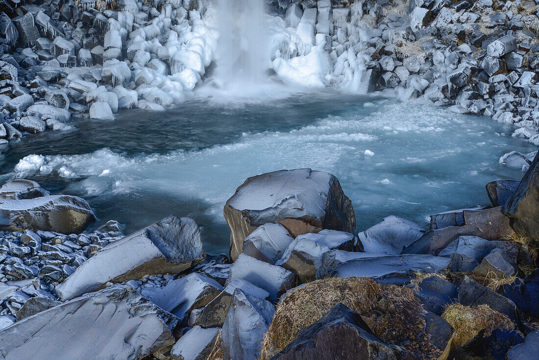 Svartifoss Waterfall (Black Falls) and basalt columns in winter, Skaftafell Vatnajokull National Park, Eeast Iceland, Iceland, Europe