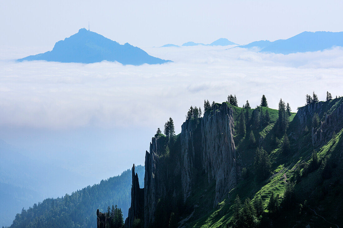 Sea of fog above valley of Iller, Gruenten in background, from Heidenkopf, valley of Balderschwang, Allgaeu Alps, Allgaeu, Svabia, Bavaria, Germany