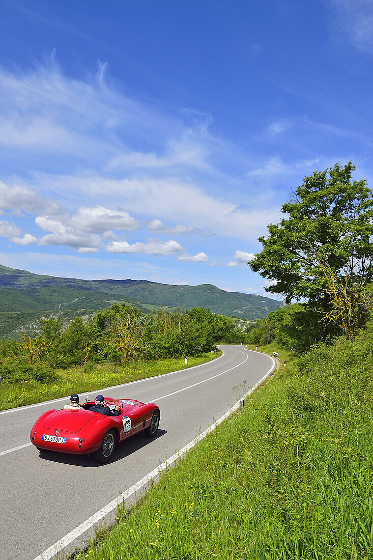 Biondetti Jaguar Special 1950, Oldtimer, auf Straße in Hügellandschaft, Oldtimer, Rennwagen, Autorennen, Mille Miglia, 1000 Miglia, 2014, 1000 Meilen, bei Radicofani, Toskana, Italien, Europa