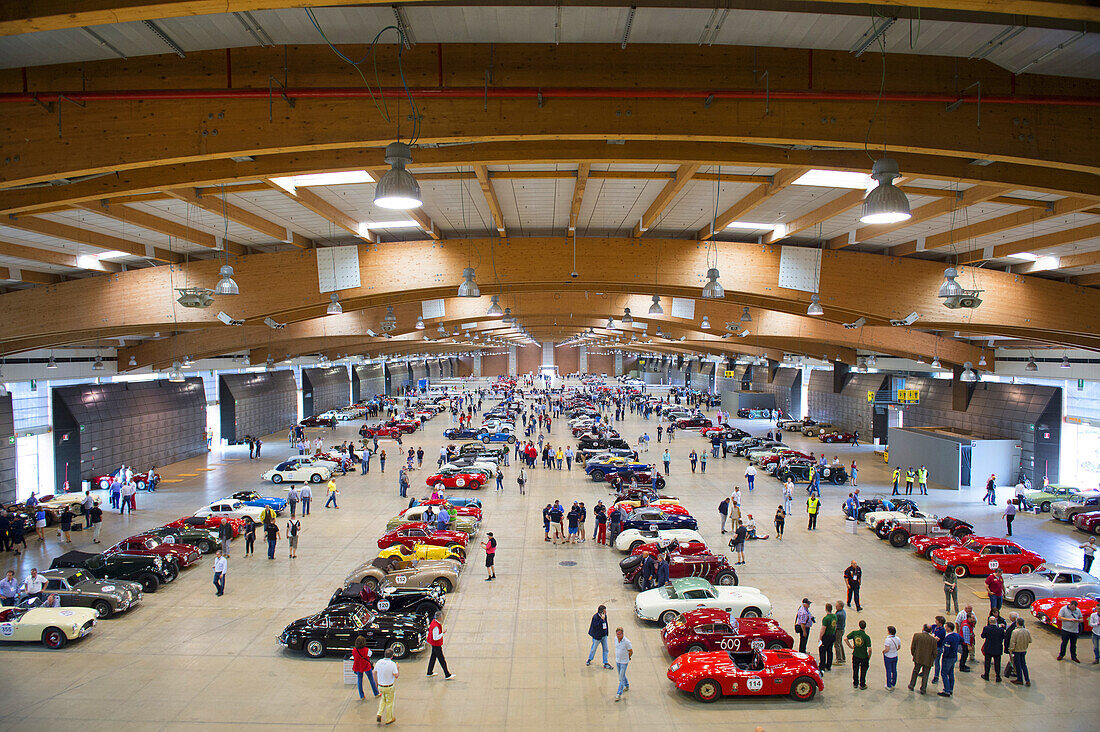 Exhibition in the exhibition halls, Oldtimer, Rennwagen, Autorennen, Mille Miglia, 1000 Miglia, 1000 Meilen, Brescia, Lombardy, Italy