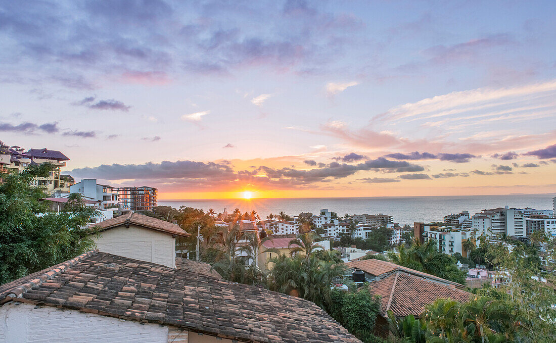 Aerial view of city rooftops, sunrise and horizon, Puerto Vallarta, Jalisco, Mexico, Puerto Vallarta, Jalisco, Mexico