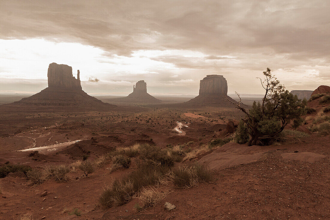 Rock formations in desert under cloudy sky, Monument Valley, Utah, United States, Monument Valley, Utah, USA
