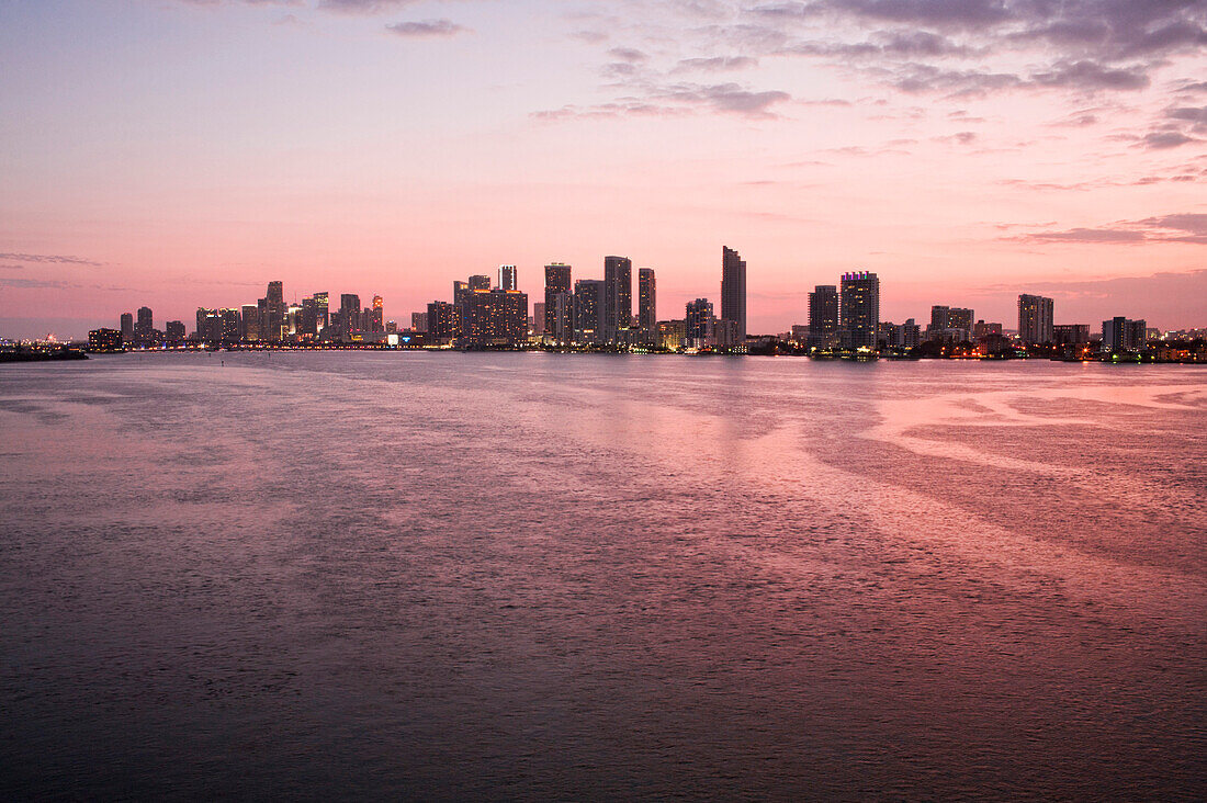 Miami city skyline and harbor at sunset, Florida, United States, Miami, Florida, United States