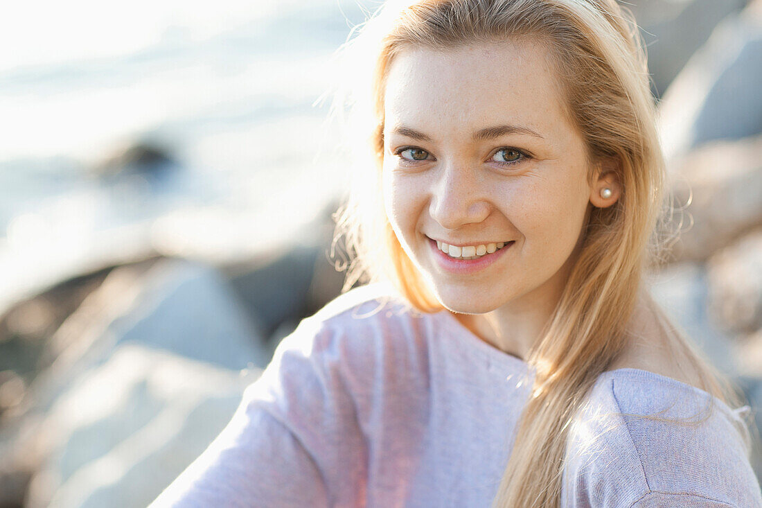 Caucasian teenage girl smiling outdoors, Miami, Florida, USA