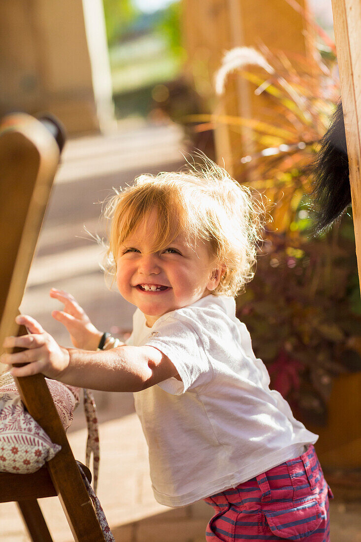 Caucasian baby boy smiling outdoors, Santa Fe, New Mexico, USA