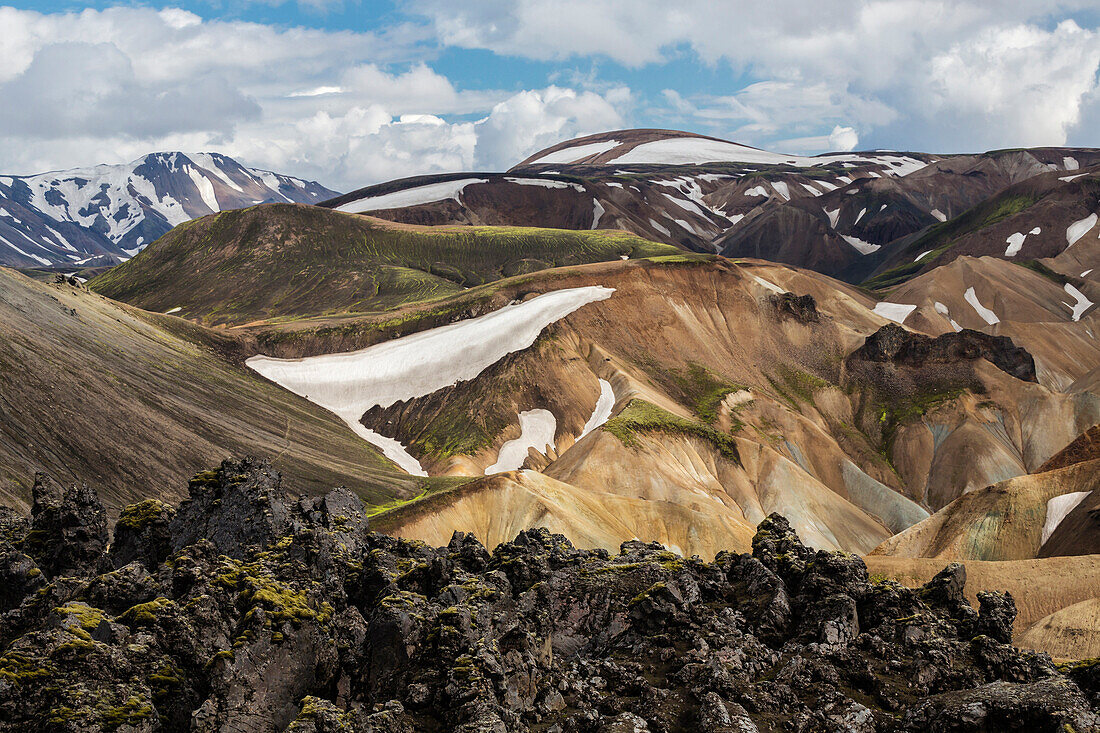 Snowy mountains and rhyolite formations in remote landscape, Landmannalaugar, Iceland, Iceland