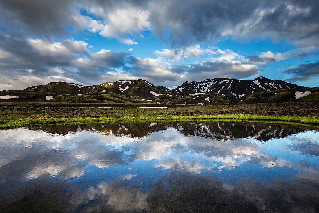 Blue sky and mountains reflected in still remote lake, Landmannalaugar, Iceland, Iceland