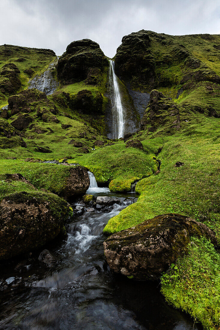 Waterfall and rock formations in remote river, Southern Highlands, Iceland, Iceland