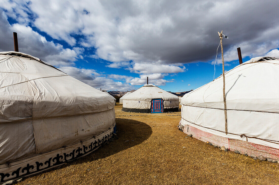 Tourist tents at remote campsite, Bayan Ulgii, Bayan Ulgii, Mongolia