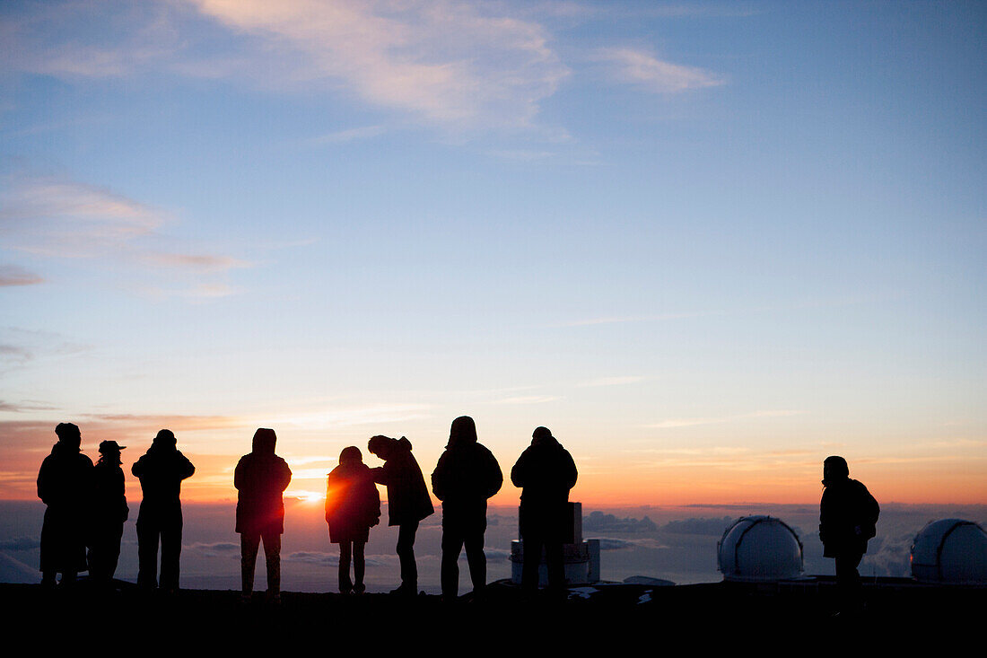 Silhouette of tourists admiring view from mountaintop, Kilauea, Hawaii, United States, Kilauea, Hawaii, USA