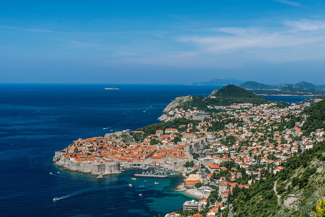 Aerial view of coastal city on hillside, Dubrovnik, Dubrovnik-Neretva, Croatia, Dubrovnik, Dubrovnik-Neretva, Croatia