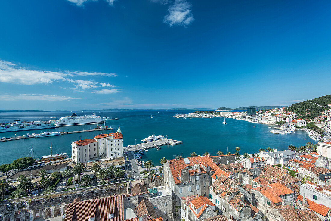 Aerial view of coastal city under blue sky, Split, Split, Croatia, Split, Split, Croatia