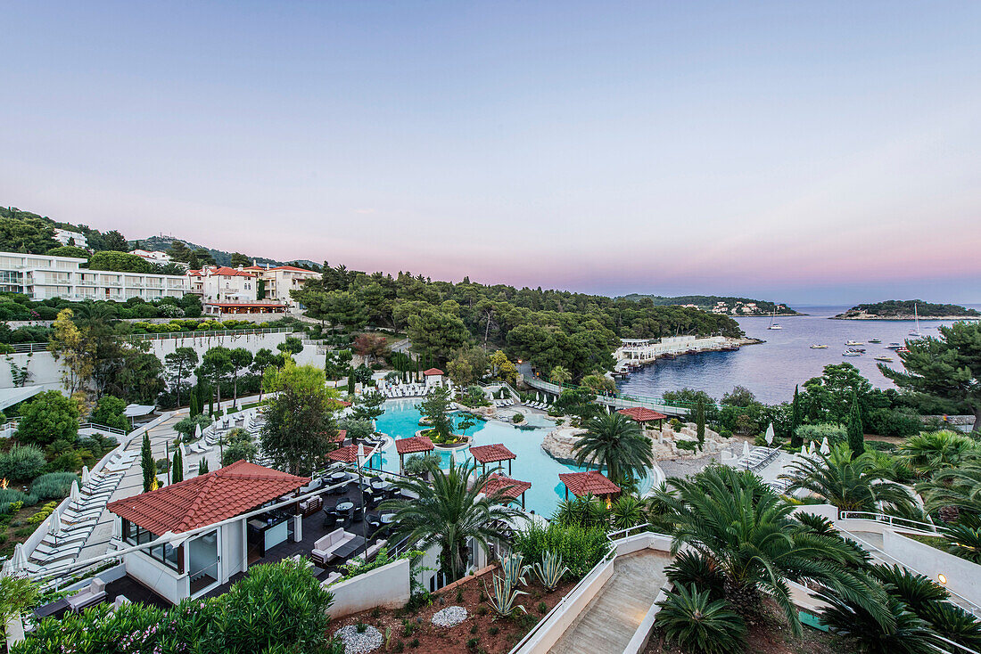 Aerial view of swimming pool at resort in coastal town, Hvar, Split, Croatia, Hvar, Split, Croatia