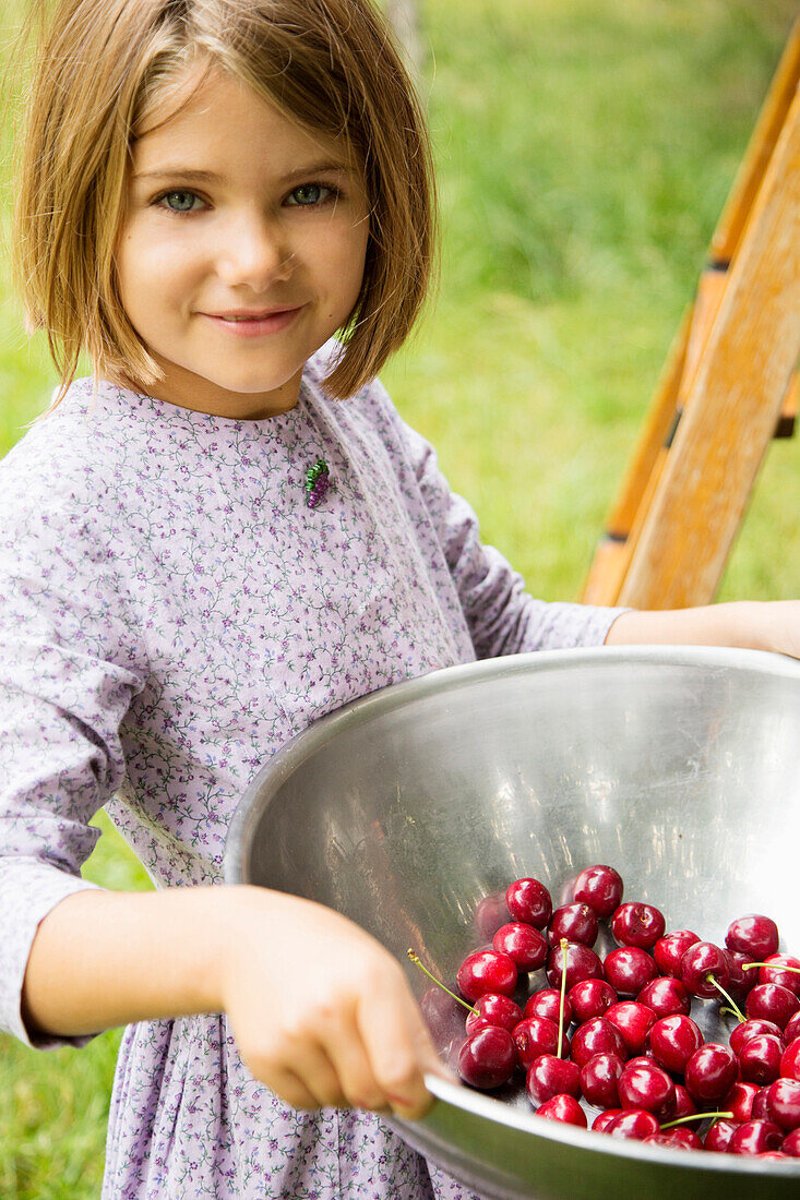 Caucasian girl holding bowl of fresh cherries on farm, Los Angeles, CA, USA