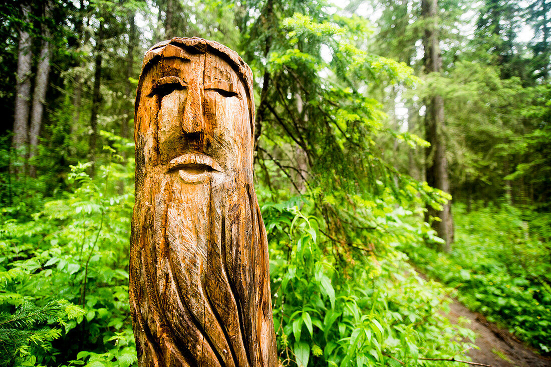 Close up of carved totem pole near forest path, Chelabinsk, Ural, Russia