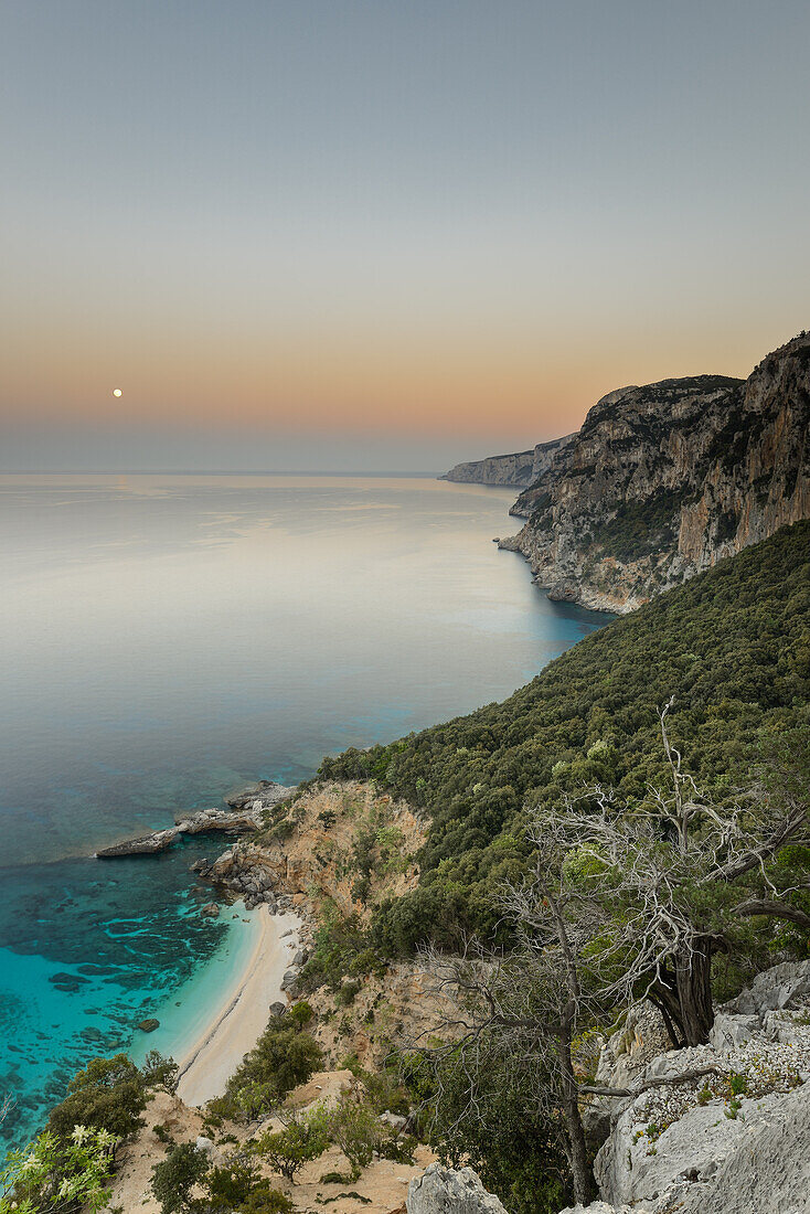 Sunset with fullmoon above the beach of the bay Cala Biriola, Selvaggio Blu, Golfo di Orosei, Sardinia, Italy, Europe