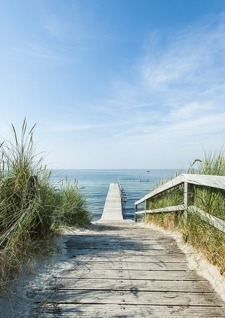 wooden foodbridge at the beach of Heiligenhafen, Schleswig-Holstein, Ostsee, North Germany, Germany