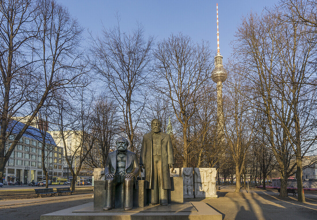 Statues of Karl Marx and Friedrich Engels, Alex TV Tower, Berlin Mitte, Berlin, Germany