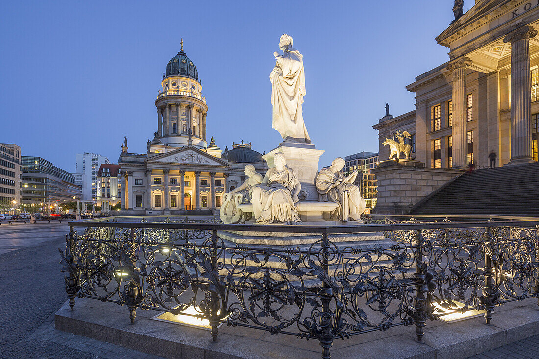 Schiller Statue, with concert hall and French cathedral, Gendarmenmarkt, Berlin, Germany