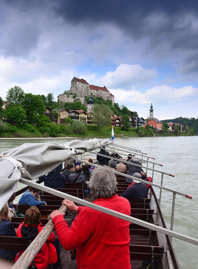 Boat ride on the Salzach river near Burghausen, Chiemgau, Upper Bavaria, Bavaria, Germany