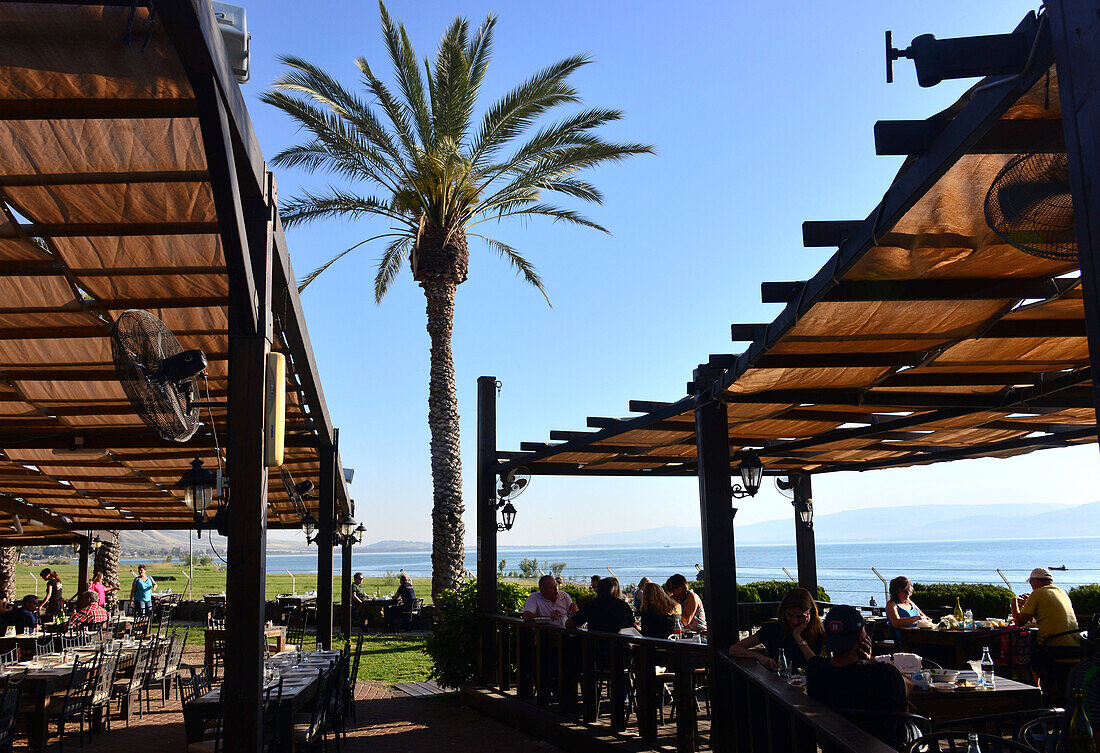 Fish restaurant, in En Gev on the Eastern bank, lake Genezareth in Galilea, North-Israel, Israel