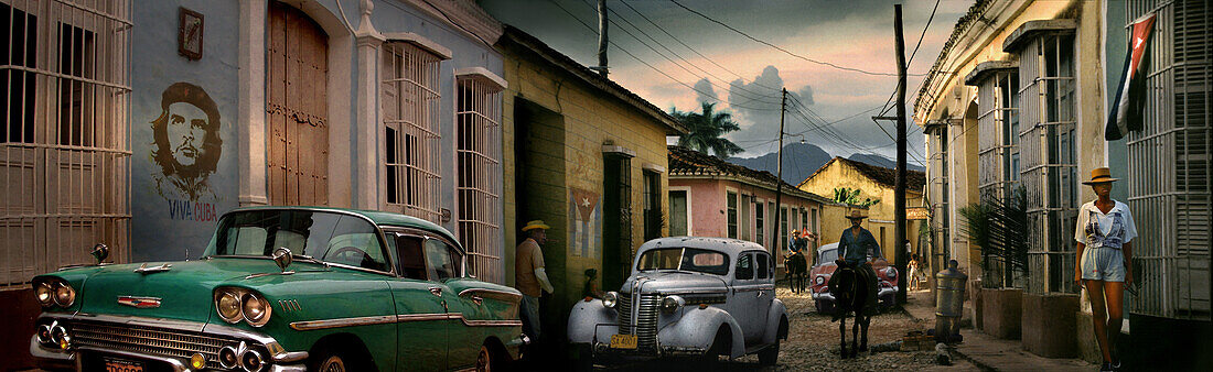 Street scene with oldtimer, horse and Che Guevara wall painting, Trinidad, Sancti Spiritus, Cuba, Carribean, North America, America