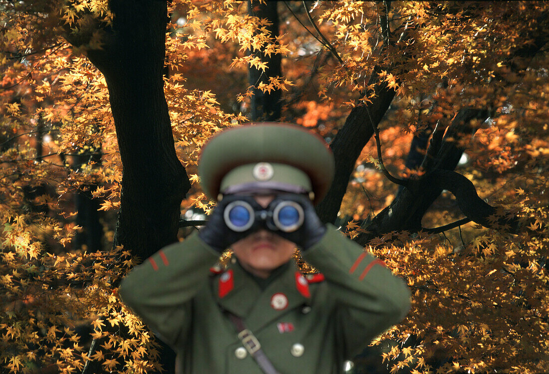 Soldat blickt durch Fernglas, Militär, herbstlicher Baum im Hintergrund, Kumgangsan, Nordkorea, Asien