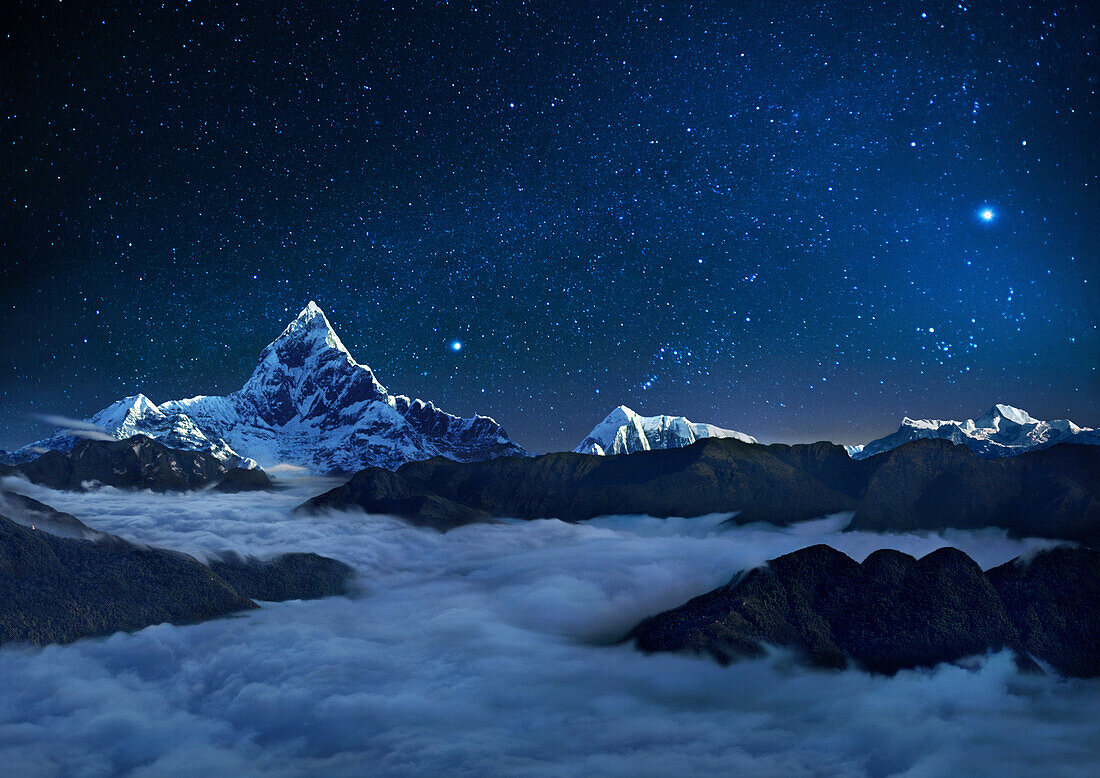 Night sky over snowcapped mountains, Pokhara, Kaski, Macchapucchare, Annapurna, Nepal, Asia