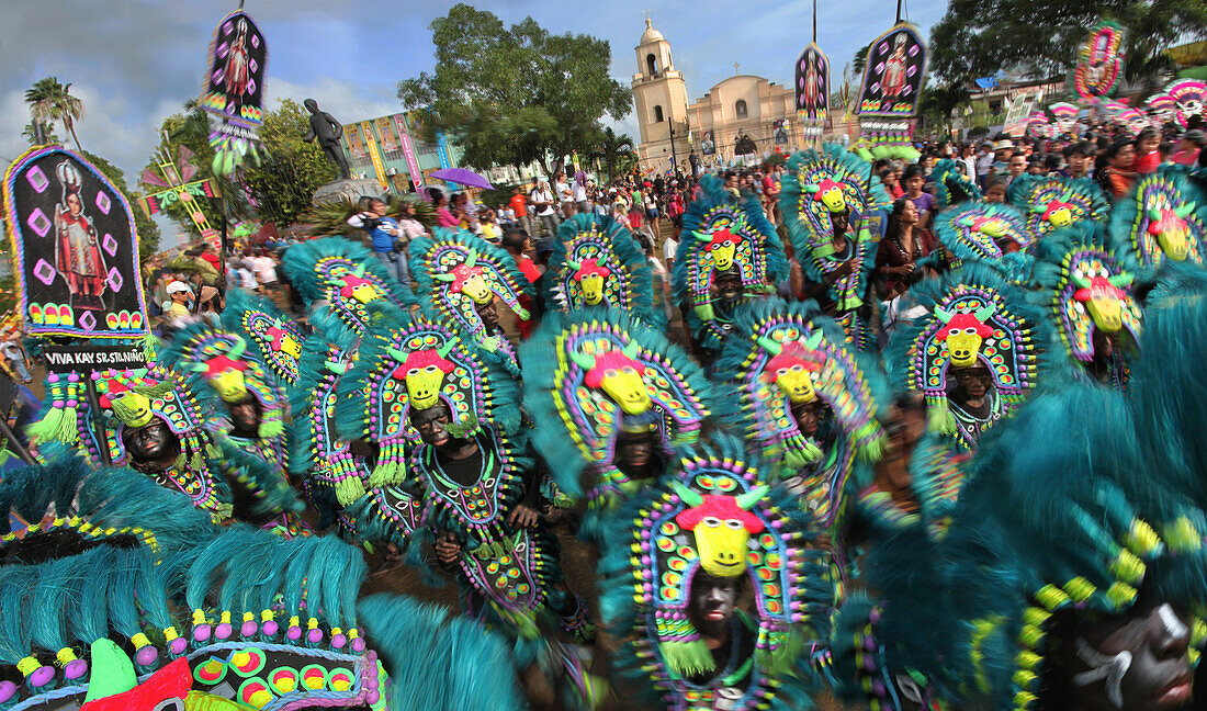 Tribal dance and music and parad indigenous costumes, Ati-Atihan Festival, Kalibo, Panay Island, Philippines, Asia