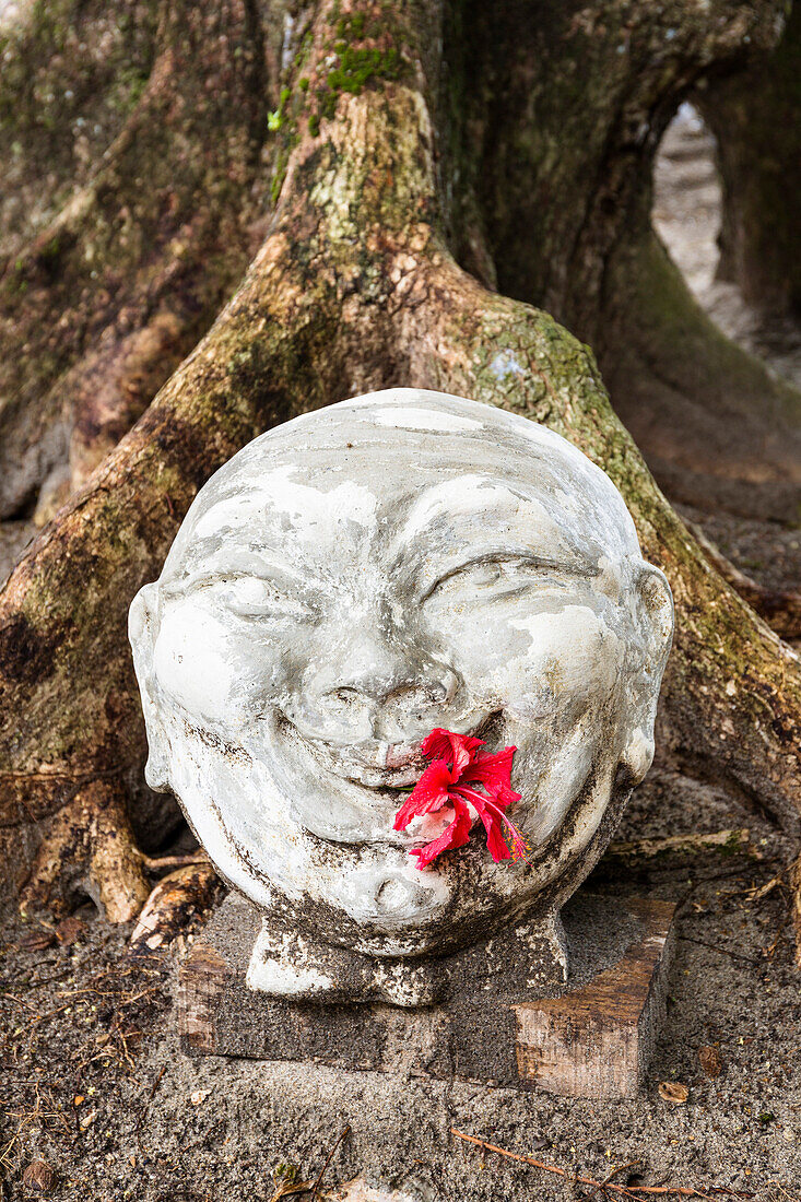 Buddha Statue aus Stein an Baumwurzel, Trinidad, West Indies